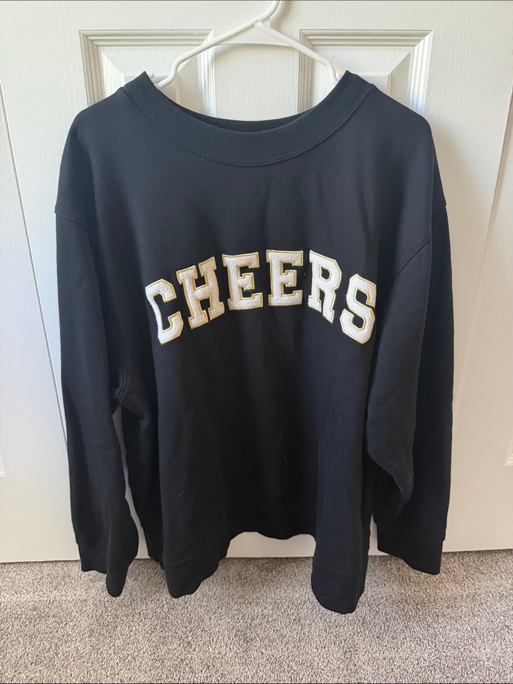 Universal Thread Black Crewneck Sweater with White and Gold 'CHEERS' Appliqué